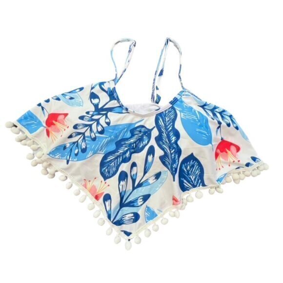 Blue‎ Floral Swimsuit Bikini 2 Piece Size Small Pom Fringe Vacation Beach Pool - Picture 6 of 10